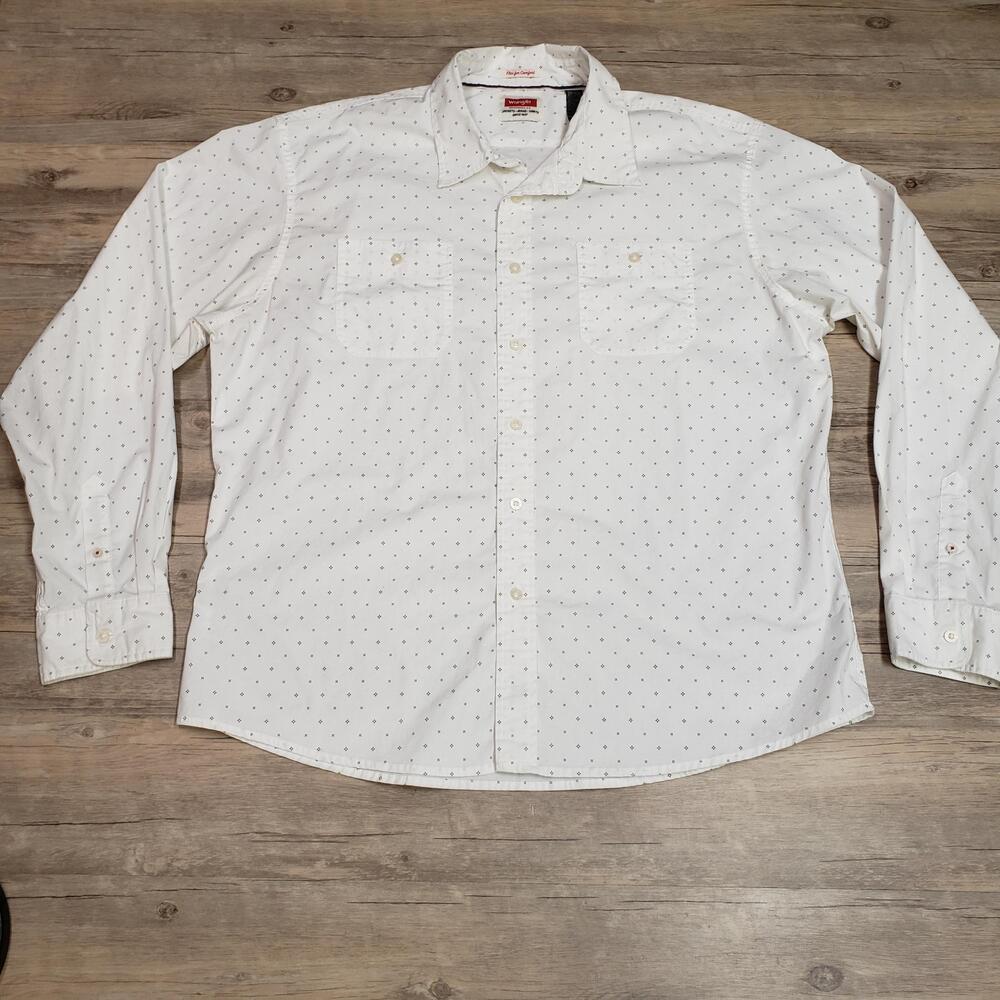 Wrangler Shirt Mens 2XL White Geometric Long Sleeve Button Up Stretch Casual
